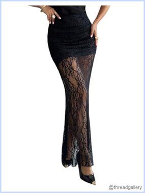 Sheer Lace Maxi Skirt See Through High Rise Bodycon Fishtail